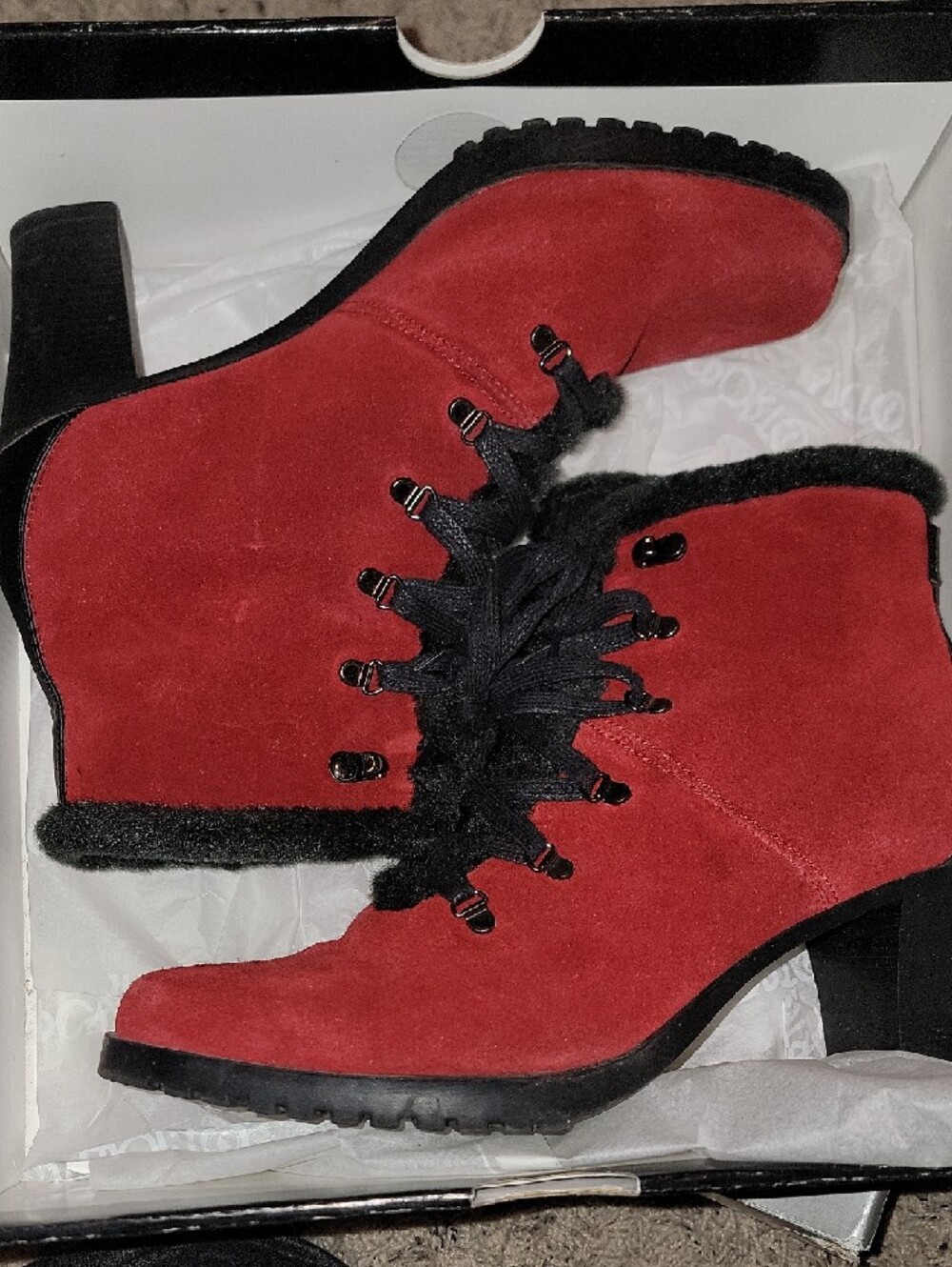 Sporto Red Suede Lace-Up Heeled Ankle Boot with Faux Fur Collar - Picture 7 of 8
